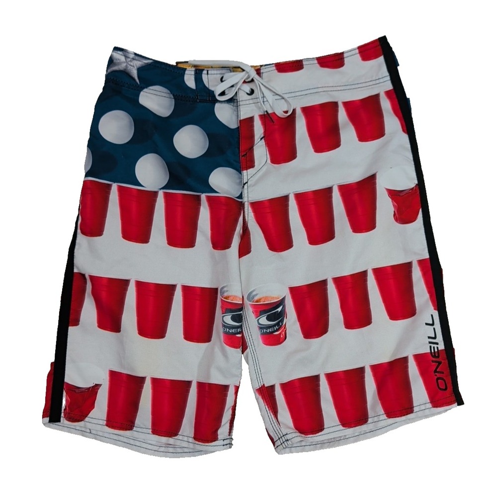 O'Neill Boardshorts Mens 30 Beer Pong USA Flag Swim Surf Beach Vacation Frat Boy